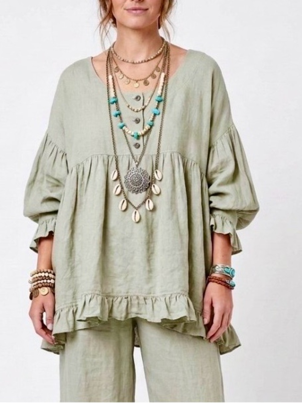 Heart’s Desire by Mary Grace Linen Artist Ruffle Tunic Top XL Green Like New